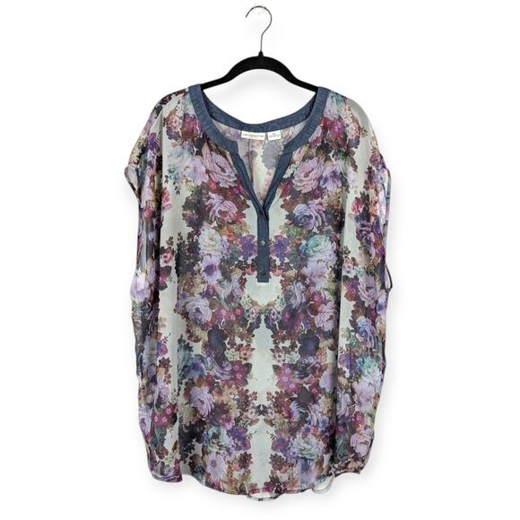 Liz Claiborne Floral Sheer Half Button Sleeveless Top Plus Size 2X Flowy Casual - Picture 1 of 8